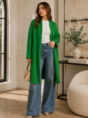 Vibrant Green Open-Front Long Coat